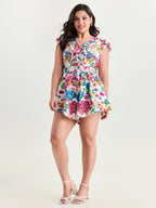 Bright Floral Print Waist-Defining Romper