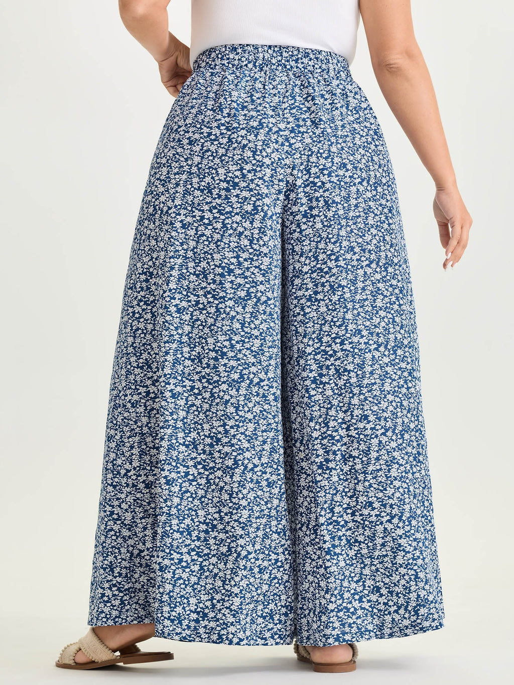 Micro Floral Print Wide-Leg Pants