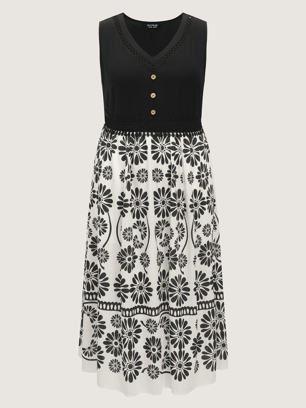 Floral Sheer Lace Trim Contrast Midi Dress