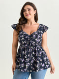 Floral Print Drawstring Bodice Blouse