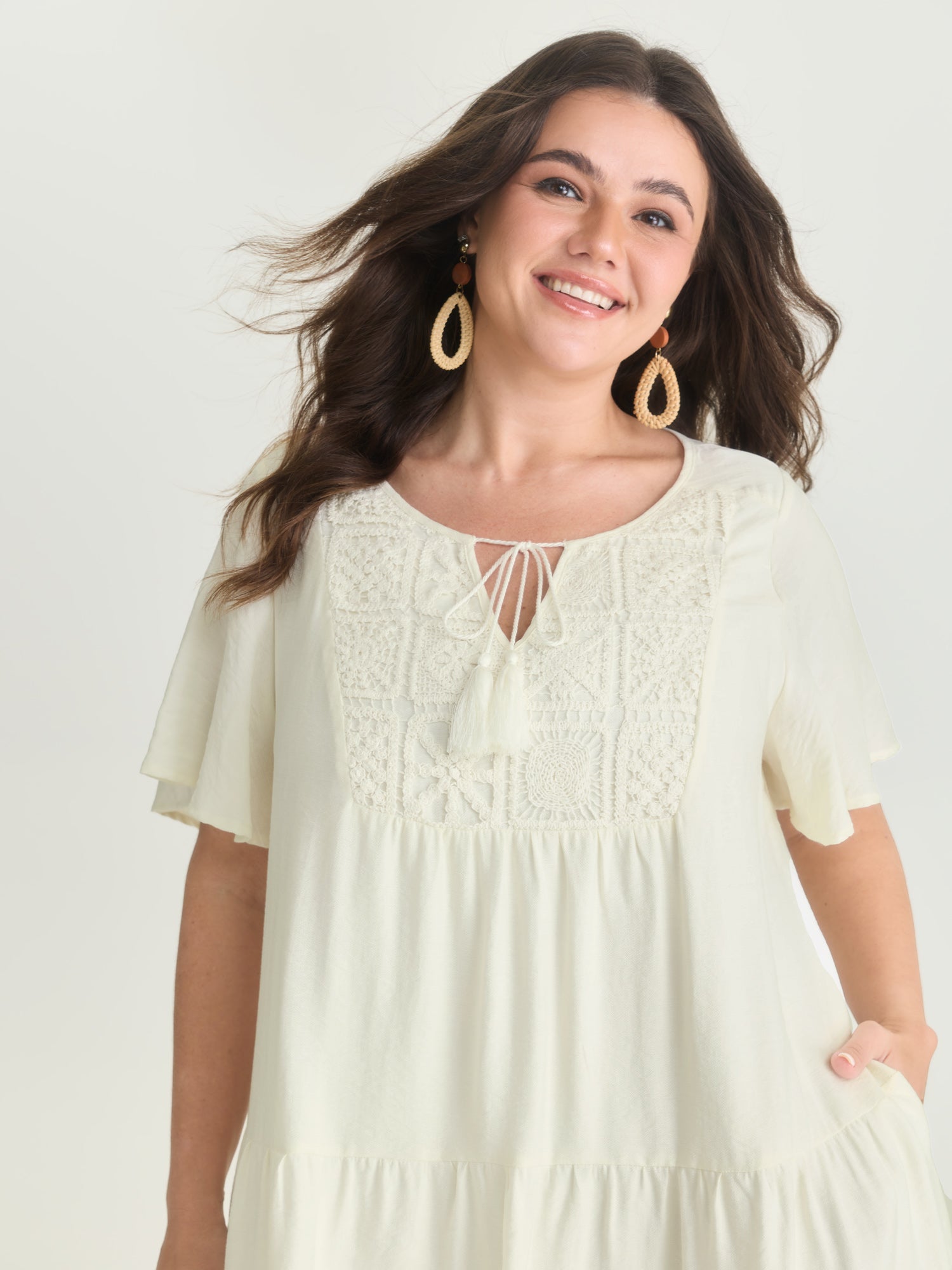 Lace Drawstring Neckline Tiered Mini Dress