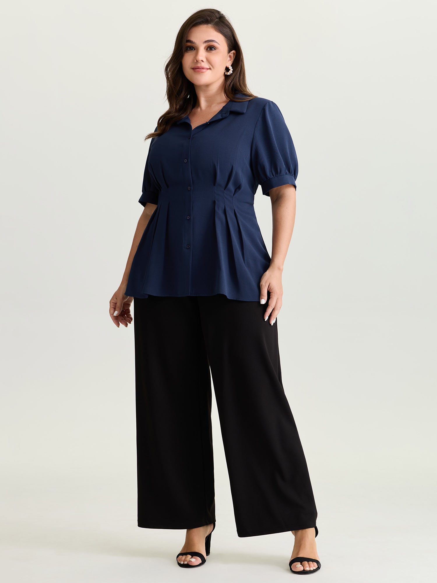 Cinched-Waist Pleated Collar Blouse