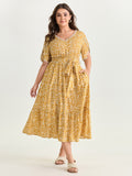 Floral Print V-Neck Petal Sleeve Midi Dress