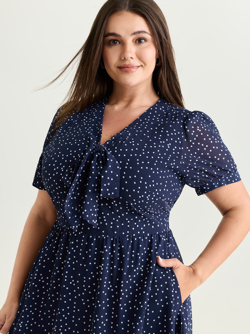 Pretty Polka Dots Ribbon Neckline Midi Dress
