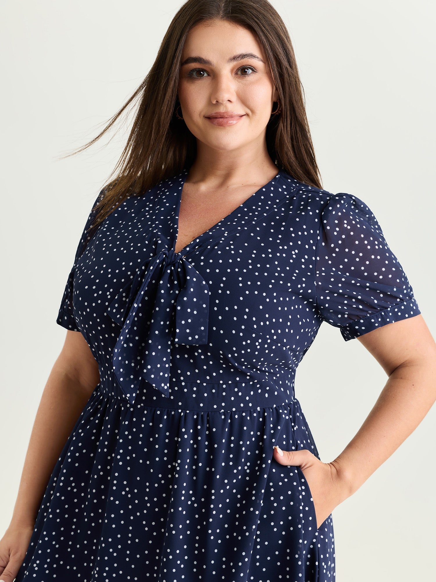 Pretty Polka Dots Ribbon Neckline Midi Dress