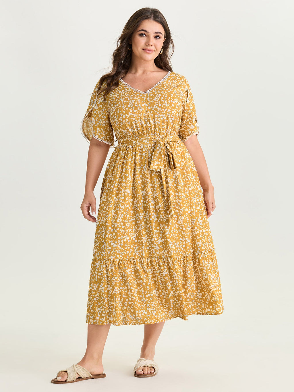 Floral Print V-Neck Petal Sleeve Midi Dress