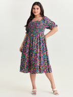 Playful Floral Print Shirred Midi Dress