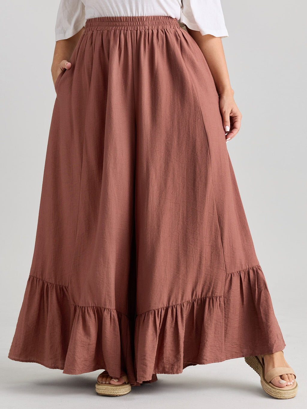 Ruffled Hem Plain Flowy Pants
