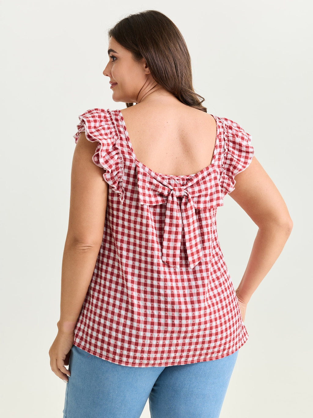 Gingham Print Layered Flutter Sleeve Blouse
