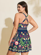 Tropical Floral Print Pockets Swim Dress