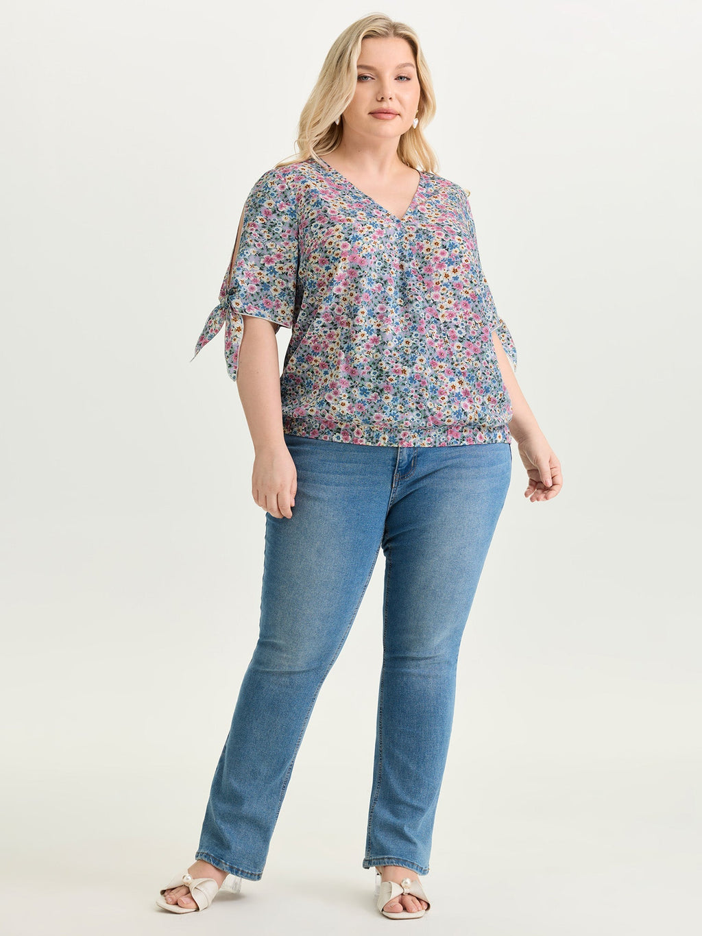 Floral Print Adjustable Sleeve Tie Blouse