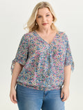 Floral Print Adjustable Sleeve Tie Blouse