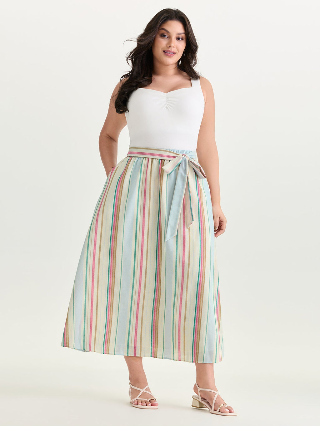 Colorful Striped Print Waist-Tie Maxi Skirt