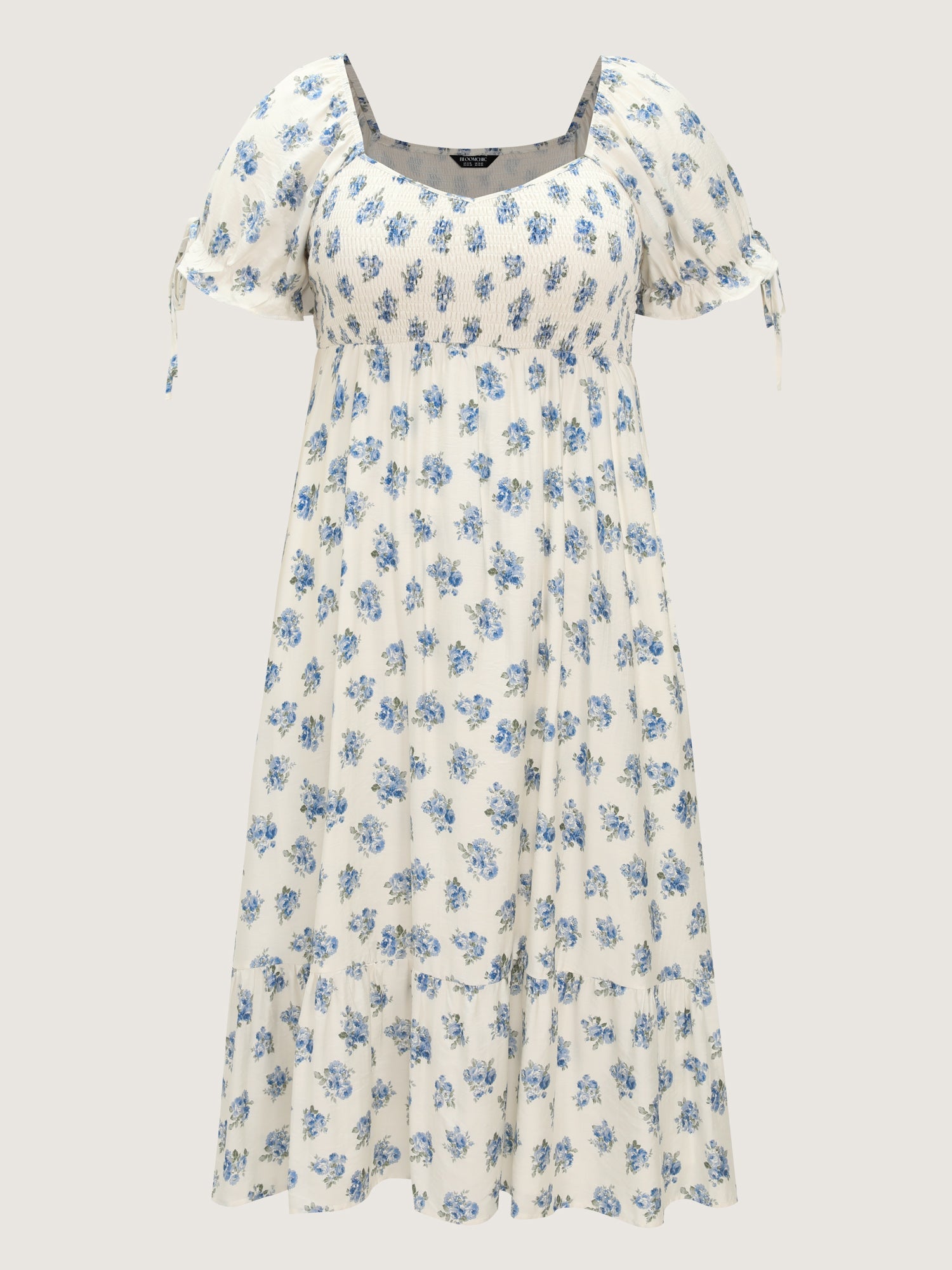 Floral Print Shirred Bodice Sleeve-Tie Maxi Dress