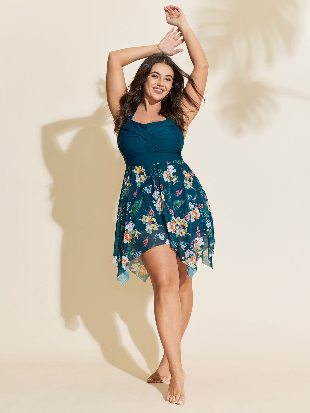 Floral Print Pockets Contrast Swim Dress