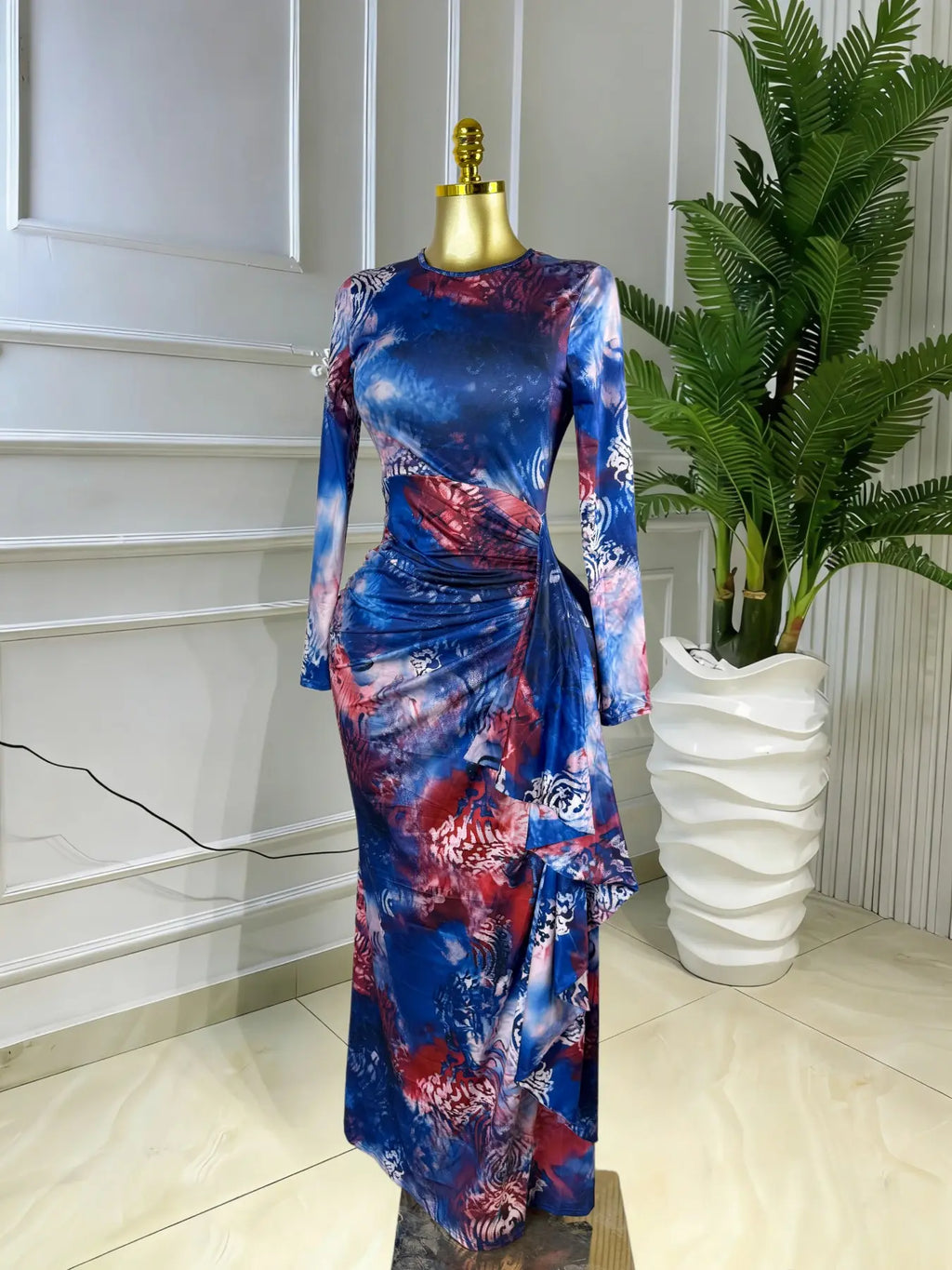 Elegant Feminine Women's Printed O-Neck Long Sleeve Ruffled Satin Belted Long Prom Dress, Club Sexy Evening Party Outfit Gown, Formal Wear, Female Fashion Music Festival Dress,Romantic Lady Skirt,Graduation Season Dress