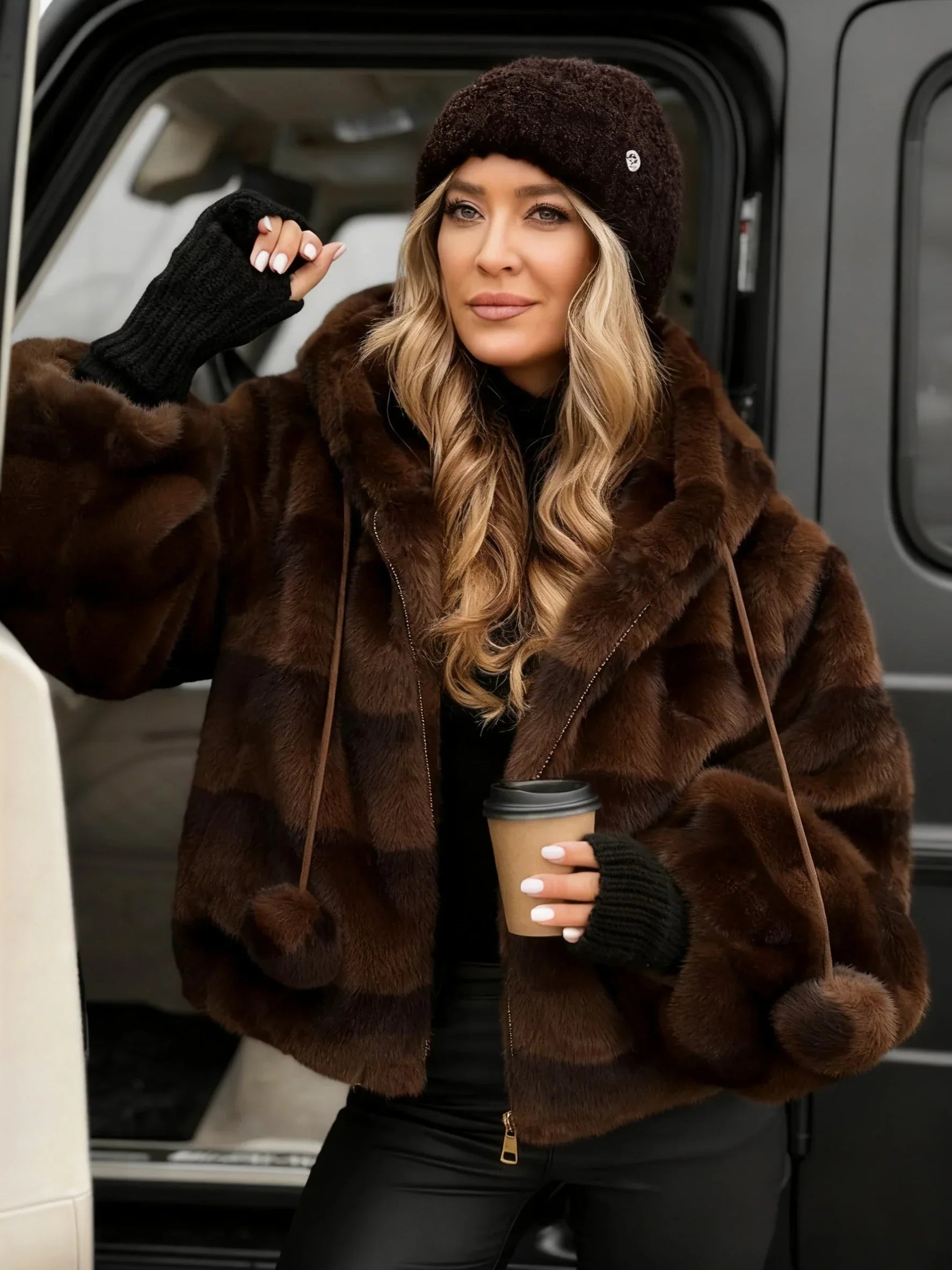 Women Hooded Drawstring Plush Ball Casual Coat