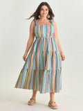 Multi-Color Striped Print Shoulder-Tie Midi Dress