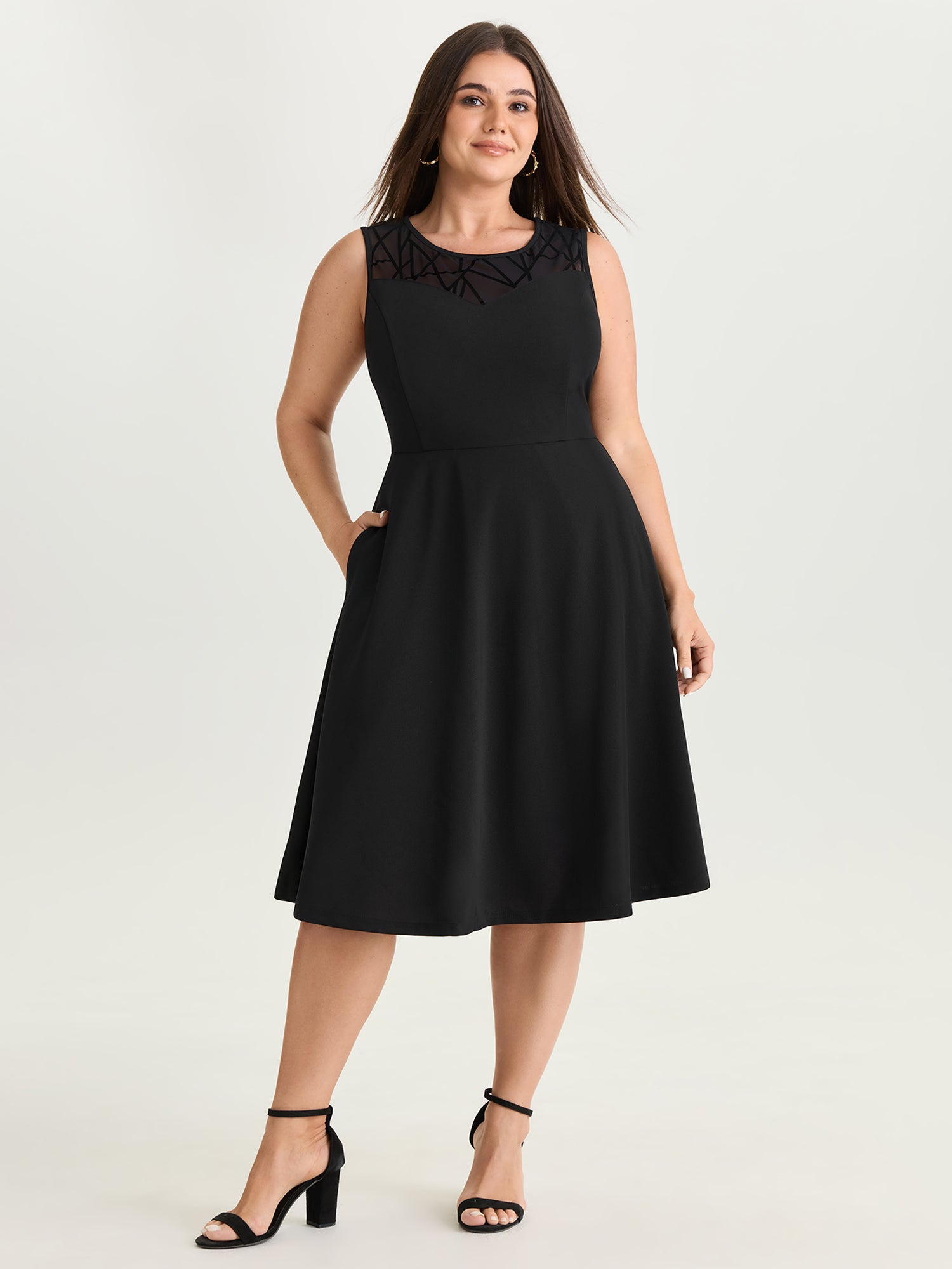 Mesh Neckline Sleeveless Fit And Flare Midi Dress