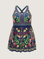 Tropical Floral Print Pockets Swim Dress