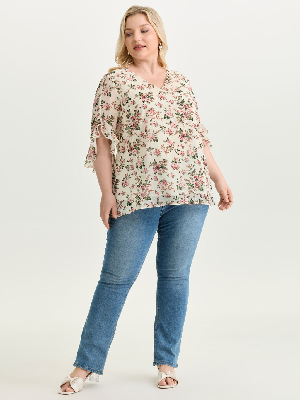 Floral Print Flared Sleeve Lined Blouse
