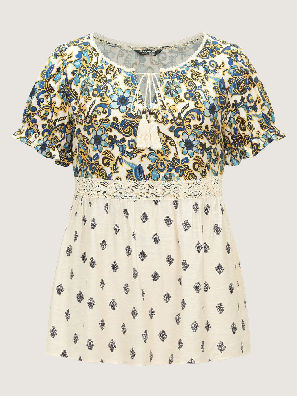 Floral Print Lace Neckline Flowy Blouse