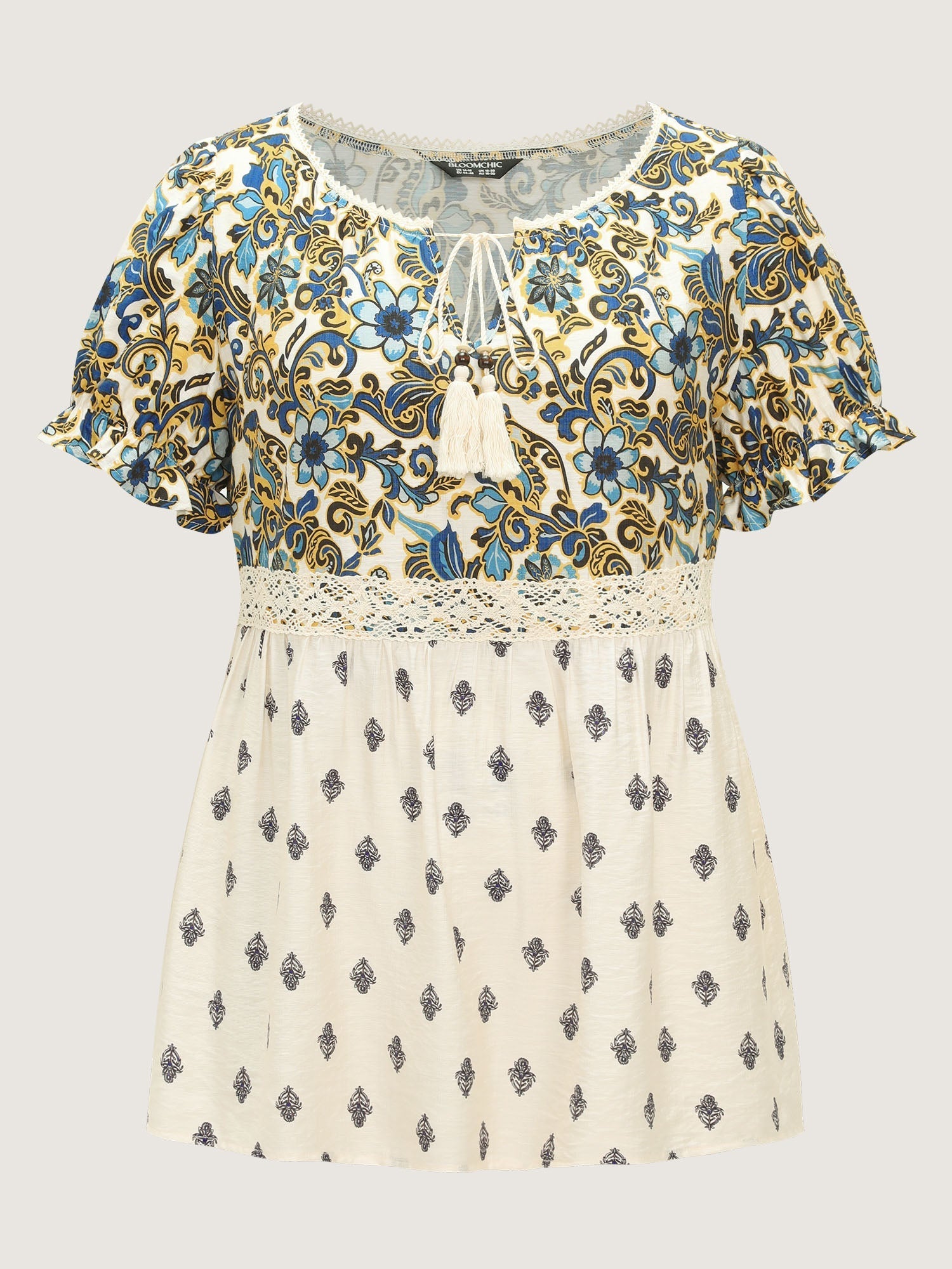 Floral Print Lace Neckline Flowy Blouse