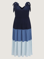 Colorblock Shoulder-Tie Tiered Maxi Dress