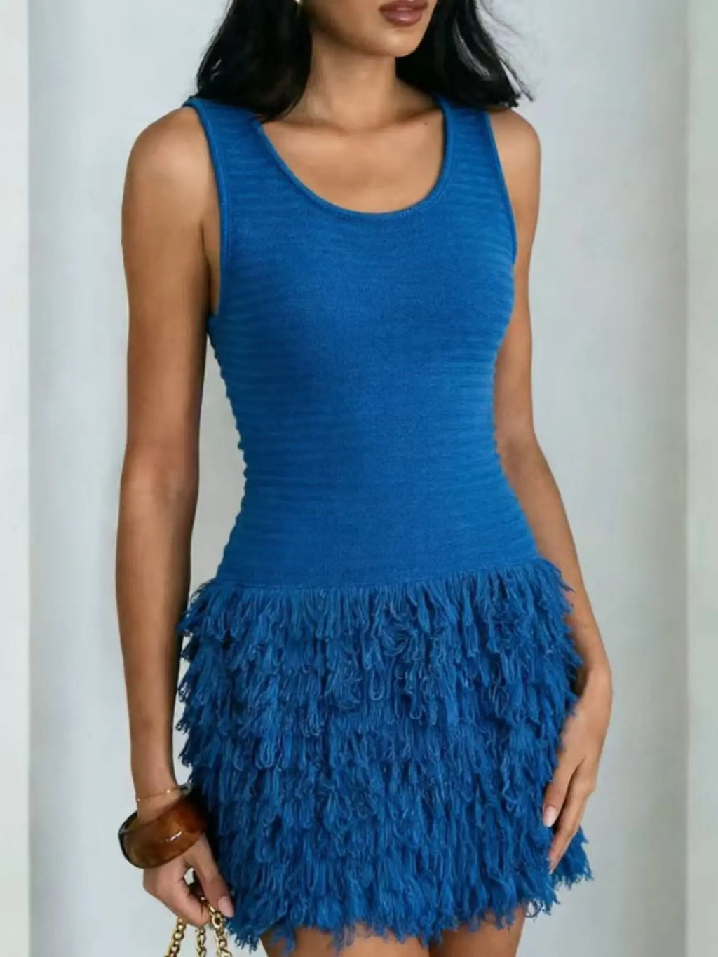 Elegant Knitted Bodycon Dress, Summer Vacation Fringe Skirt