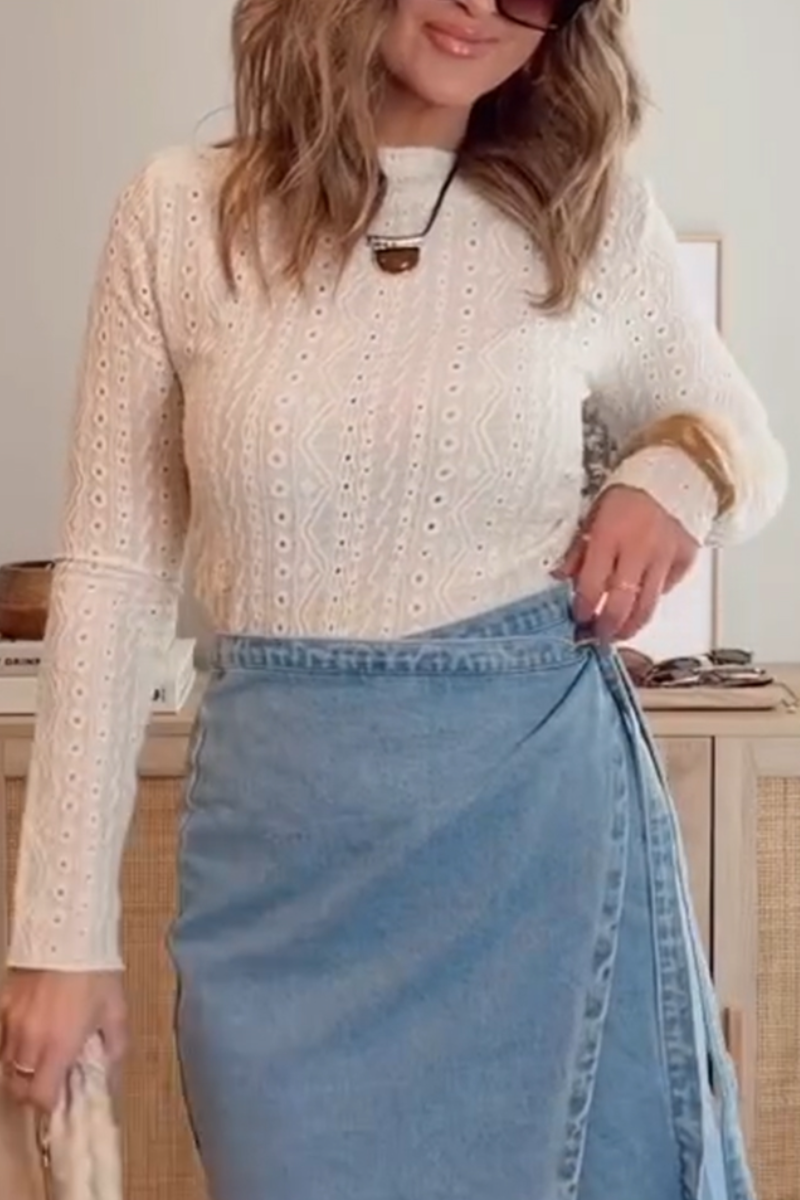 Women Round Neck Top+ Slit Denim Half Skirt Elegant Casual Set