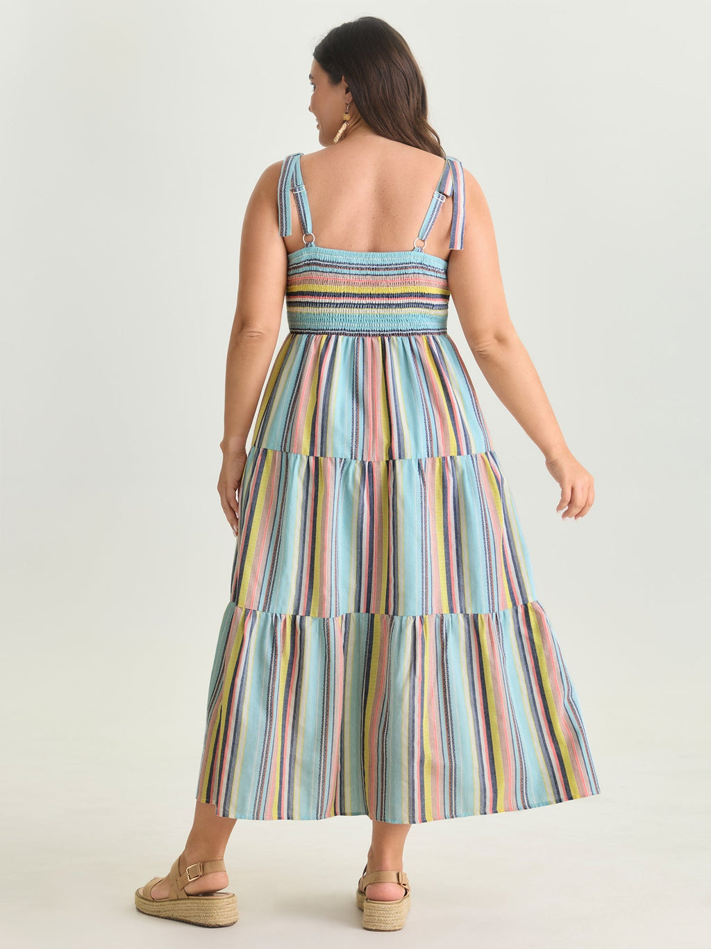 Multi-Color Striped Print Shoulder-Tie Midi Dress
