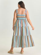 Multi-Color Striped Print Shoulder-Tie Midi Dress