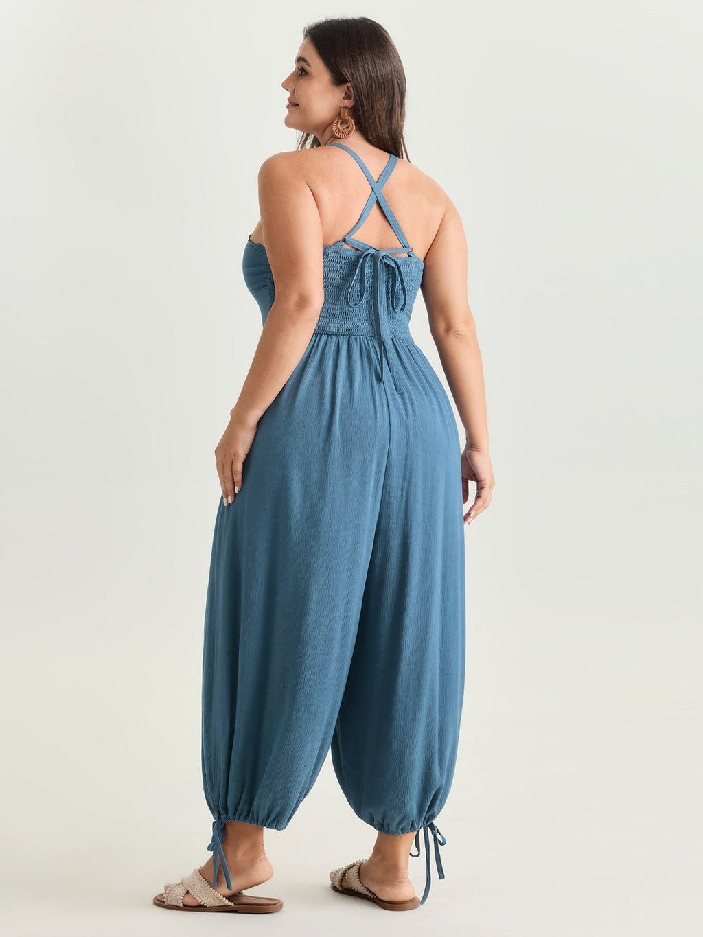 Ruched Front Crisscross Back Tie Jumpsuit