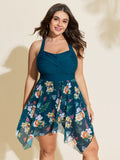Floral Print Pockets Contrast Swim Dress