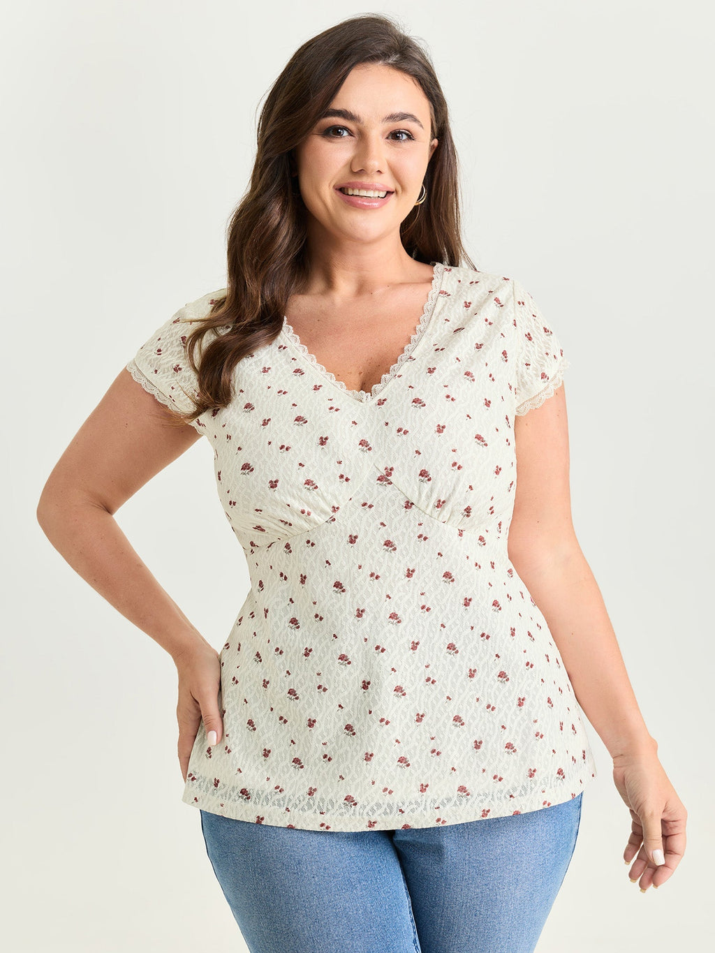 Rose Print V-Neck Knit Top