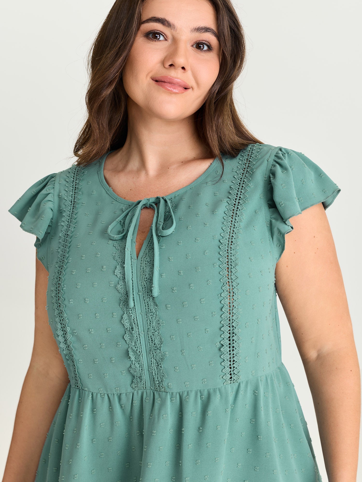 Textured Lace Panels Keyhole Neckline Blouse