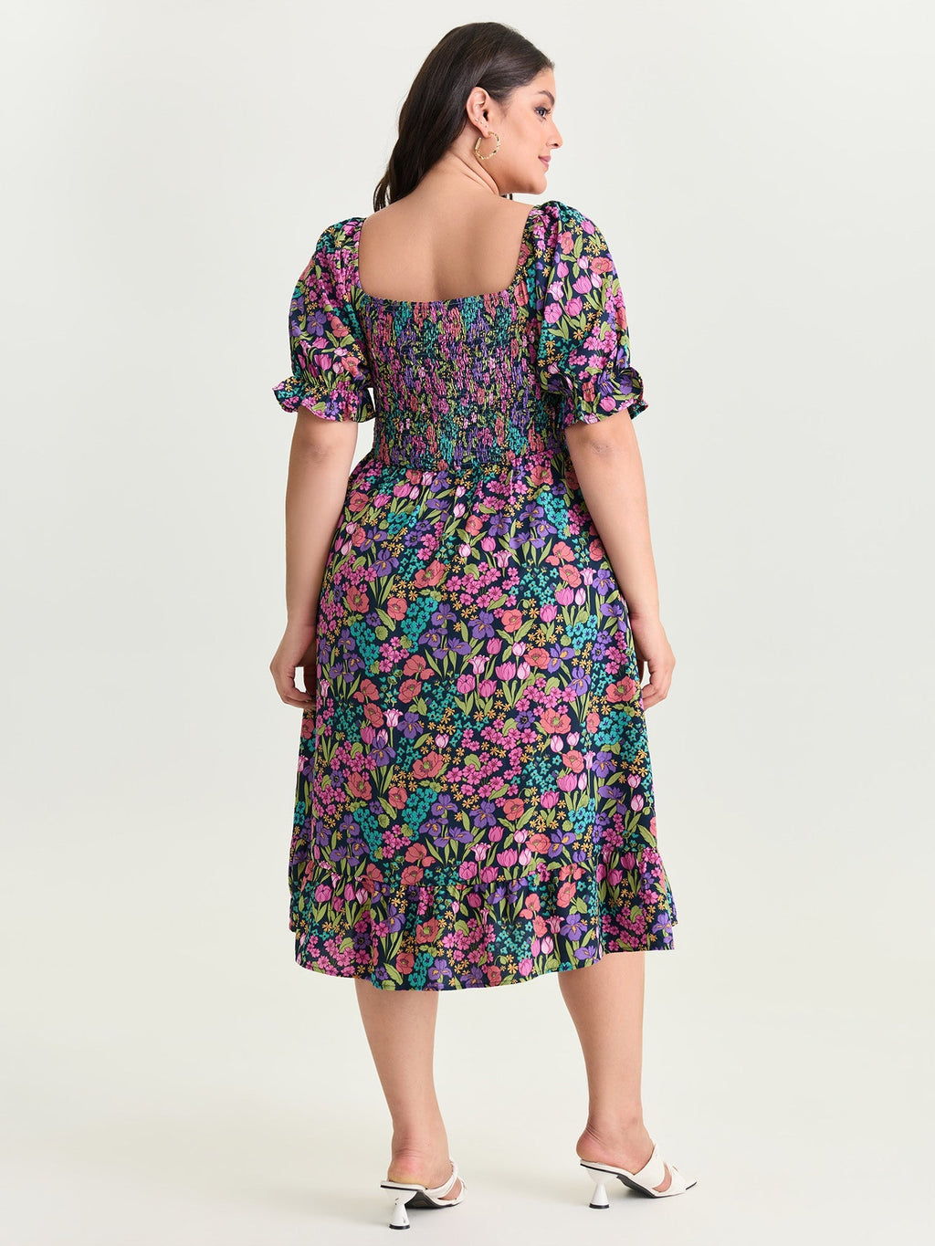 Playful Floral Print Shirred Midi Dress