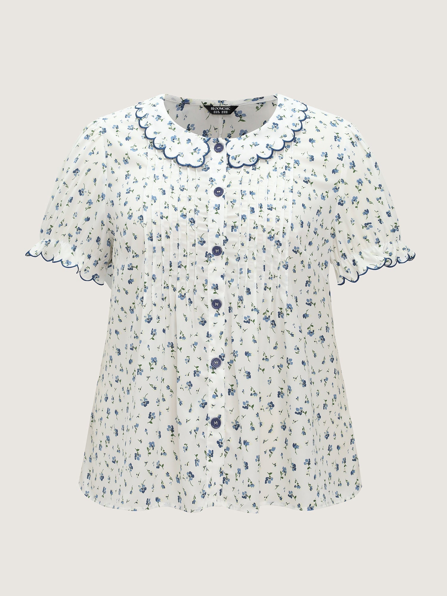 Floral Embroidery Pleated Button-Front Blouse