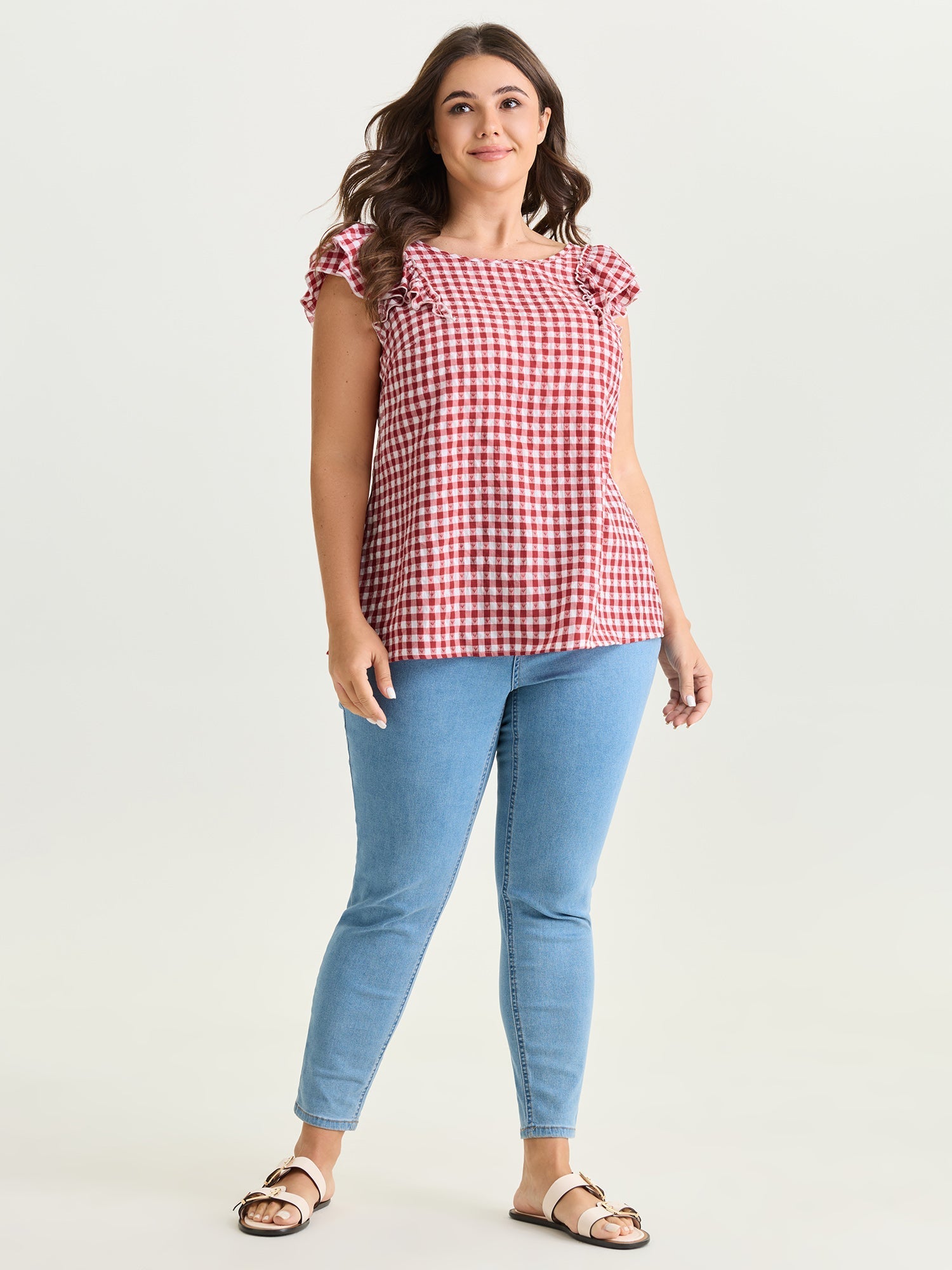 Gingham Print Layered Flutter Sleeve Blouse