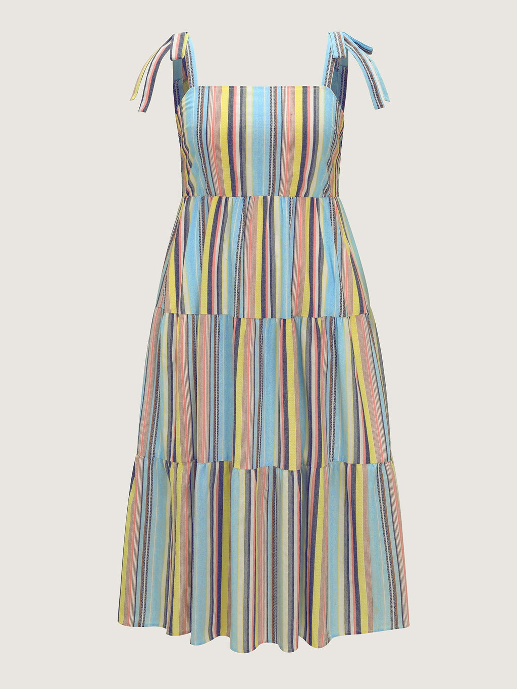 Multi-Color Striped Print Shoulder-Tie Midi Dress