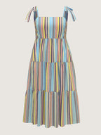 Multi-Color Striped Print Shoulder-Tie Midi Dress