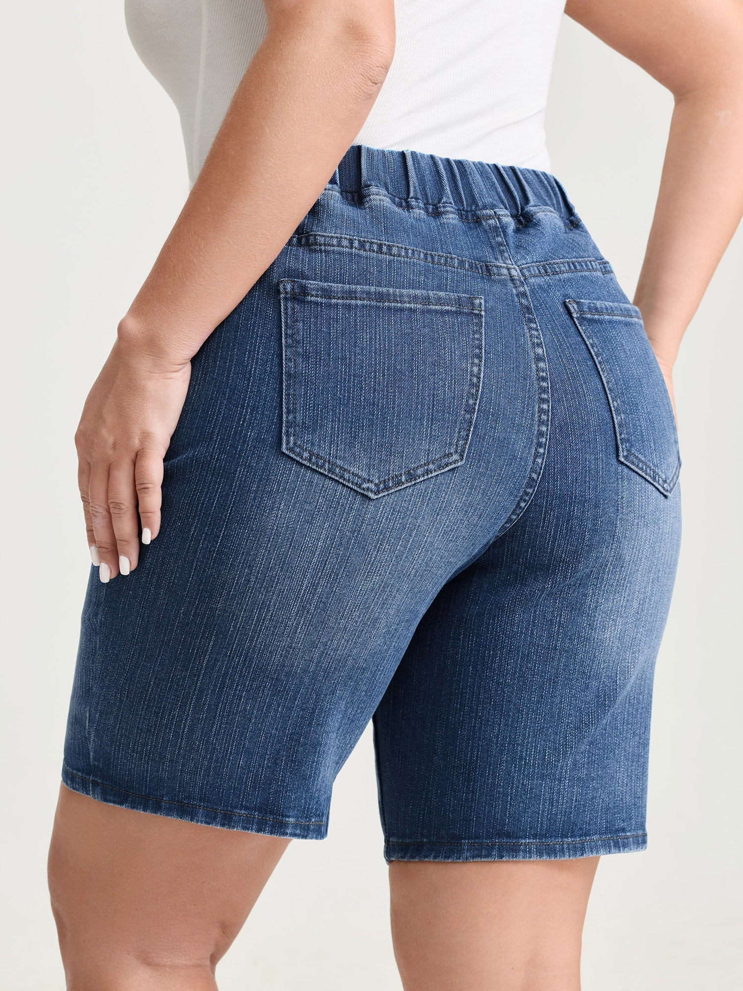 Stretchy Pull-On High Waist Pockets Denim Shorts