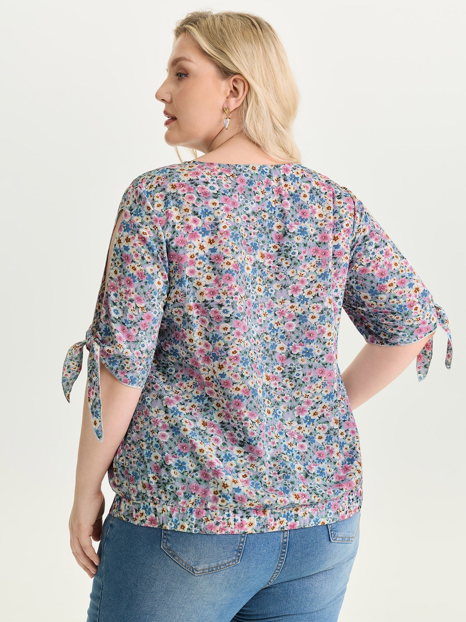 Floral Print Adjustable Sleeve Tie Blouse