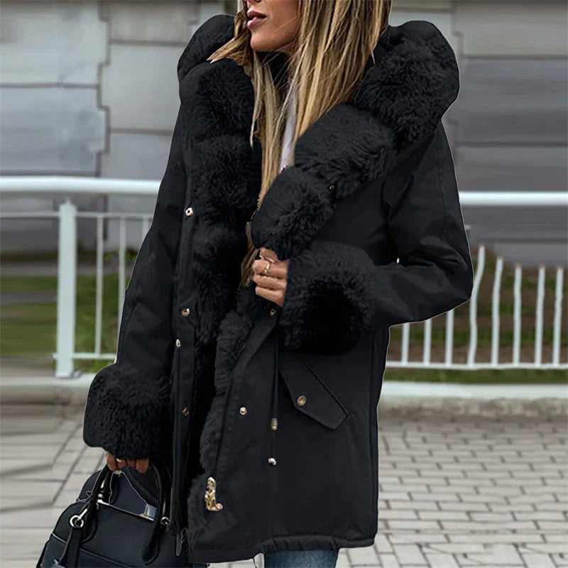 Women's parka with detachable puffed fur collar