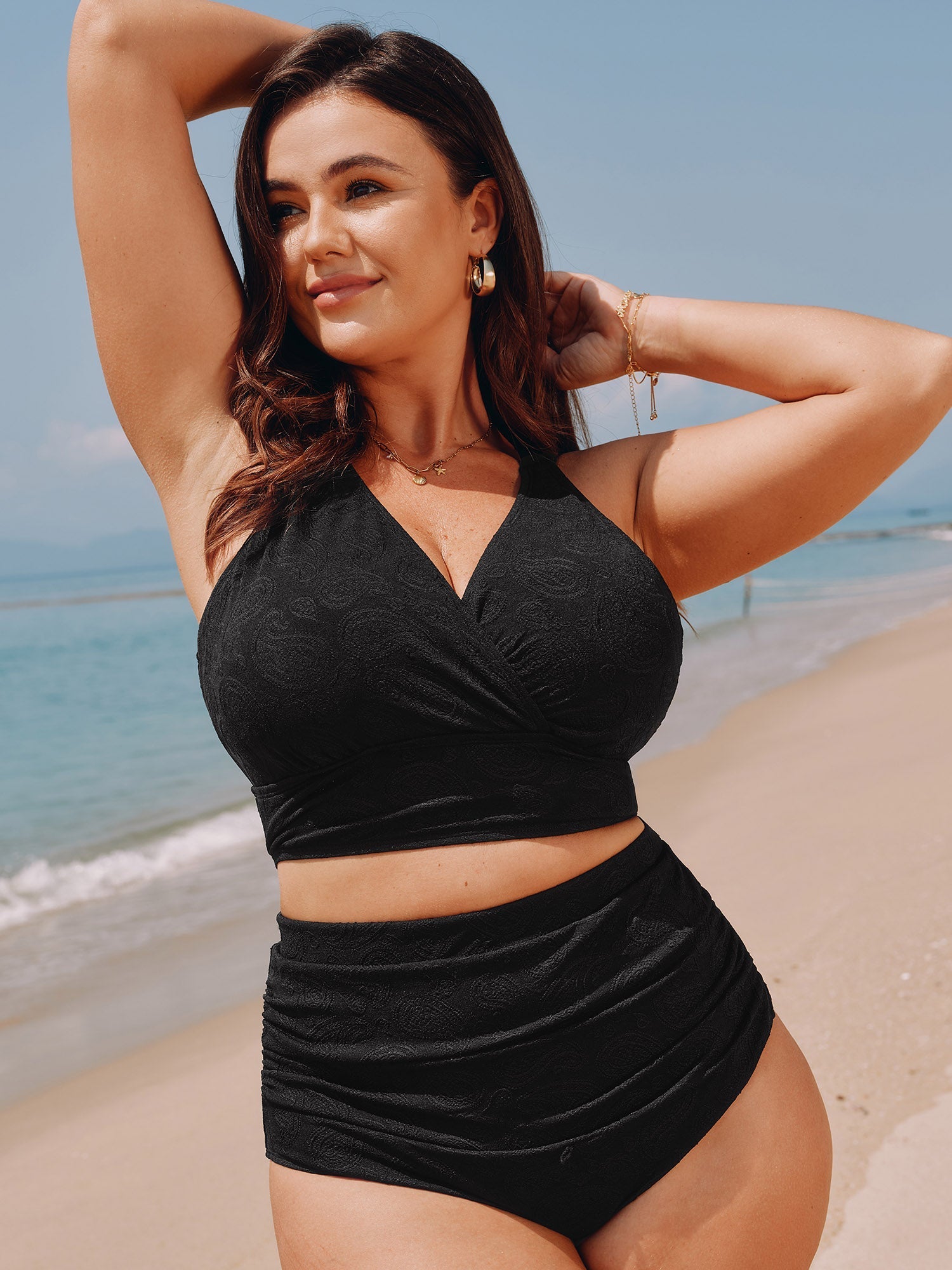 Paisley Textured Surplice Neckline Swim Top
