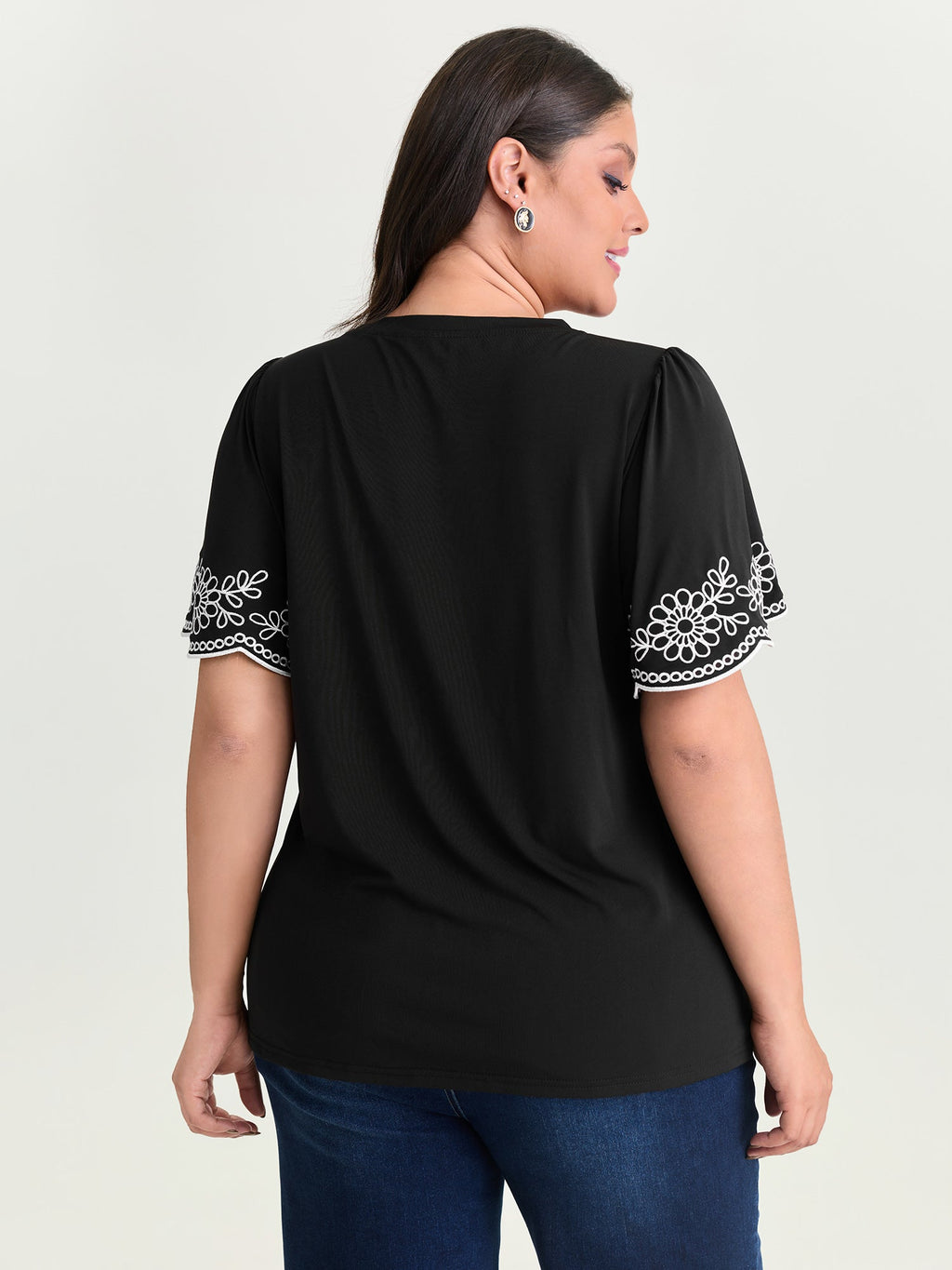 Stretchy Embroidered Sleeve Plain T-Shirt
