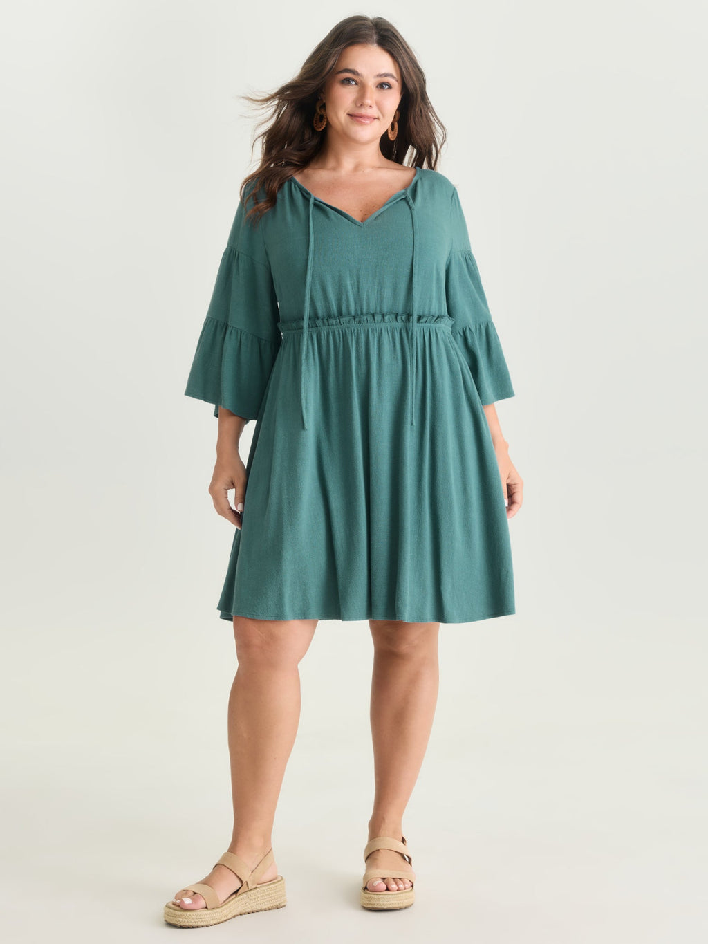 Tiered Sleeve Drawstring Neckline Mini Dress