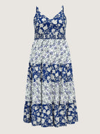 Colorblock Floral Print Tiered Maxi Dress