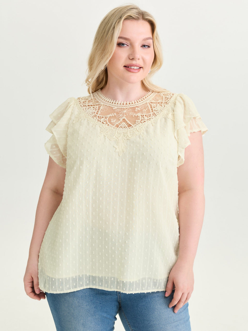 Sheer Lace Neckline Layered Sleeve Blouse