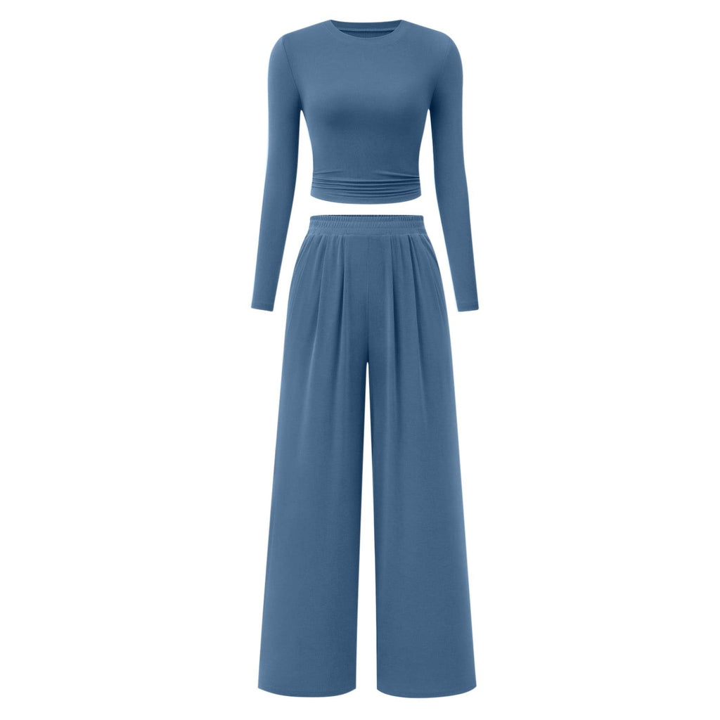 2-Piece Lounge Set – Ribbed Knit Long Sleeve Crop Top & Wide Leg Pants